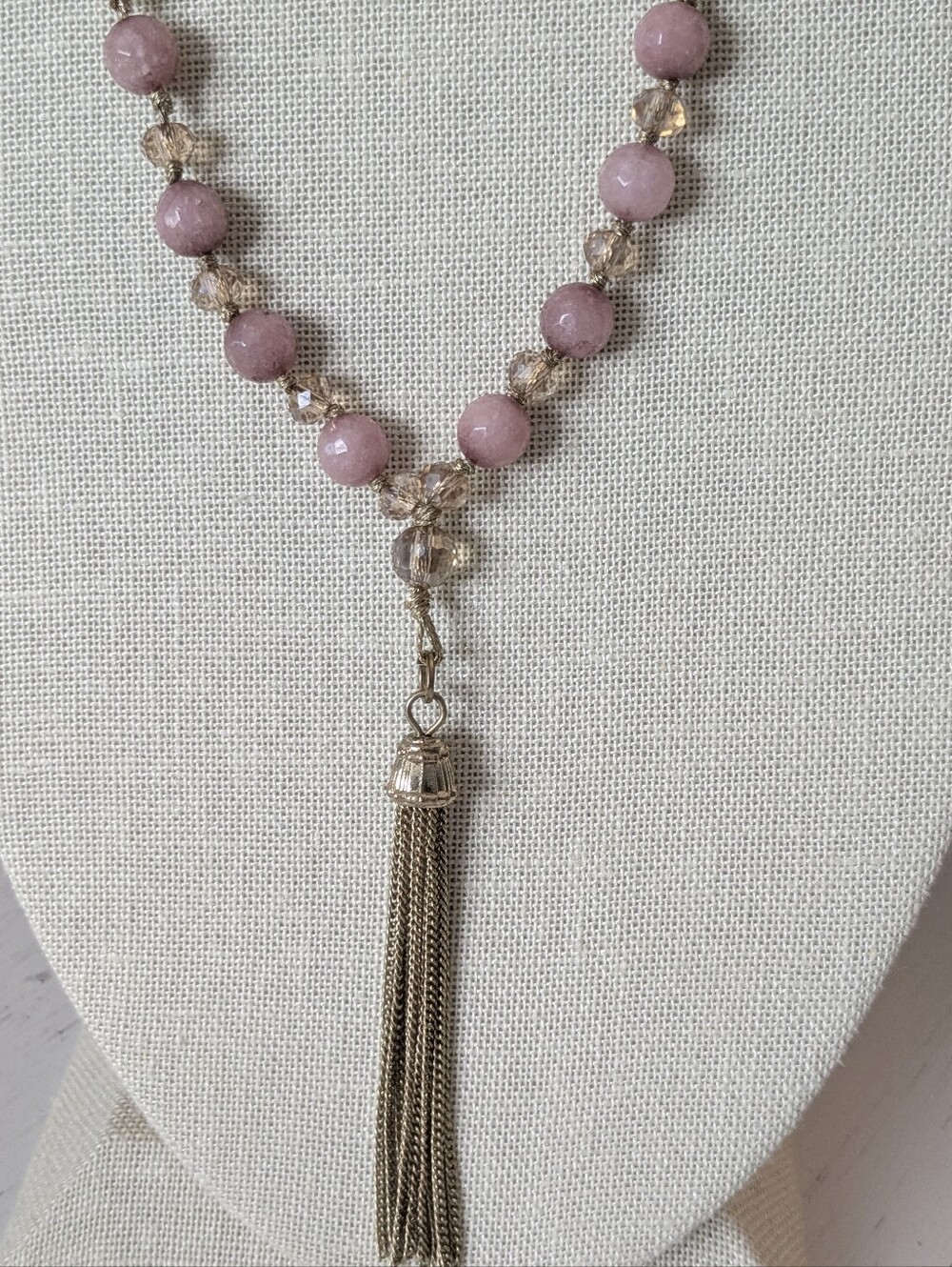 Pink Aventurine & Champagne Crystal Tassel Necklace | Gold Tone | Adjustable